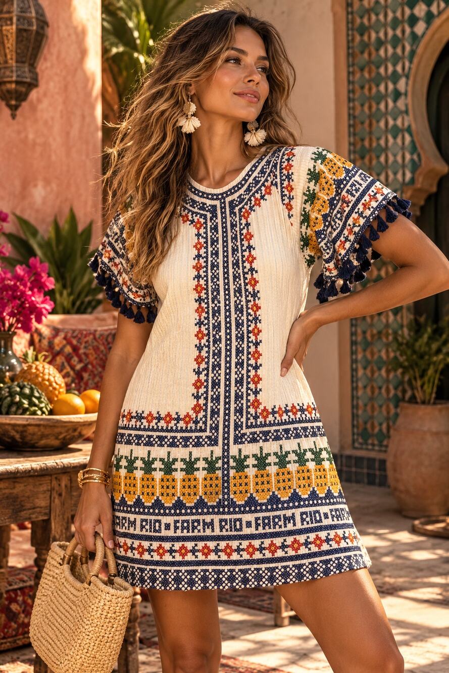 FARM Rio Brazil Boho Folk Print Tassel Sleeve Mini Dress Small